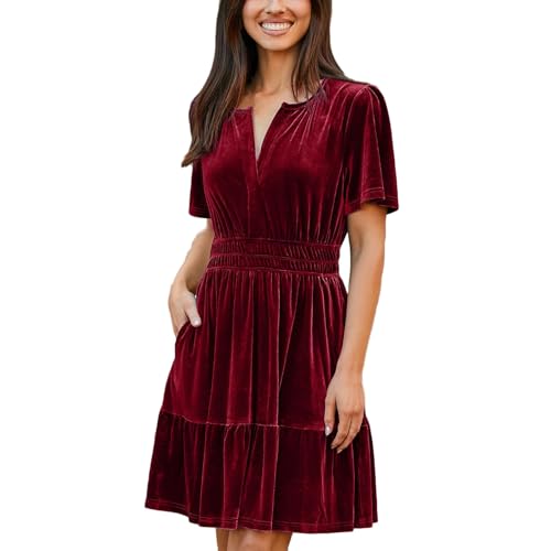 Gyaimxfu Weihnachtskleid Damen Goldener Faden Samt Vintage Kleid,Weihnachten Einfarbig Christmas Kleider,Weihnachtskleider V-Kragen Cocktailkleid Kurzarm Elegant Abendkleid Festival Partykleid von Gyaimxfu