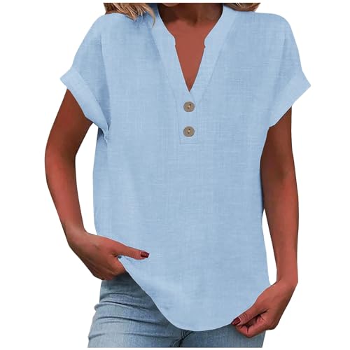 Leinenbluse Damen Musselin Bluse Shirt Tops Frauen Elegant Leinen Baumwolle V-Ausschnitt Hemd Oberteile Tunika Lässige Bequeme Kurzarm Leinenhemd Hemdbluse Tshirt Blusenshirt Damen von Gyaimxfu