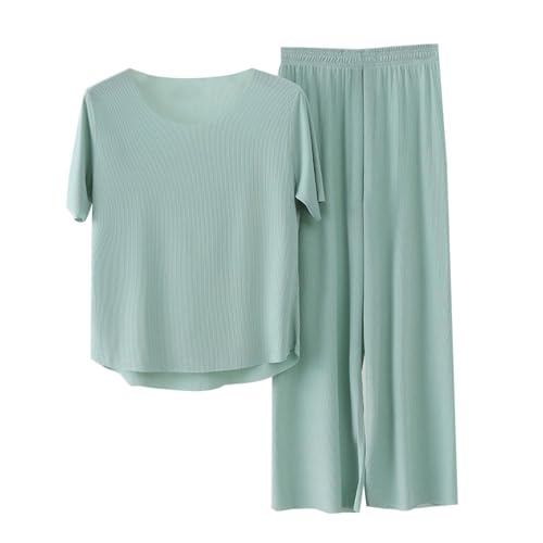 Schlafanzug Damen Lang Sommer, Pyjama Damen Kurzarm Lange Hose Zweiteiliger Nachtwäsche Set Weicher Loungewear Rundhals Sleepewear Einfarbig Hausanzug Bequem Freizeitanzug Große Größen Pyjamaset von Gyaimxfu