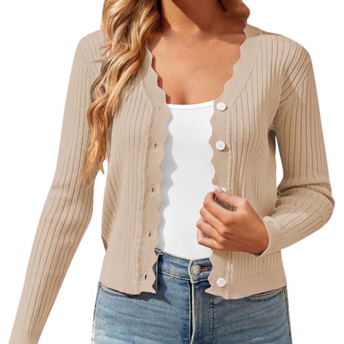 Strickjacke Damen Sommer V Ausschnitt Cardigan mit Pilzkante Dünne Bolero Kurz Strickjacken Leichte Sommerjacke Langarm Sommerstrickjacke Trachtenjacke mit Knöpfen Dirndl Jacke Gerippt von Gyaimxfu