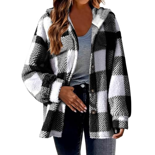 Teddyjacke Damen Karierte Fleecejacke Knöpfen Hemdjacke Winterjacke Große Größen Kuscheljacke Shacket Warme Plüschjacke Teddyfleece Jacke Winter Karohemd Wintermantel Langarm Übergangsjacke Mantel von Gyaimxfu