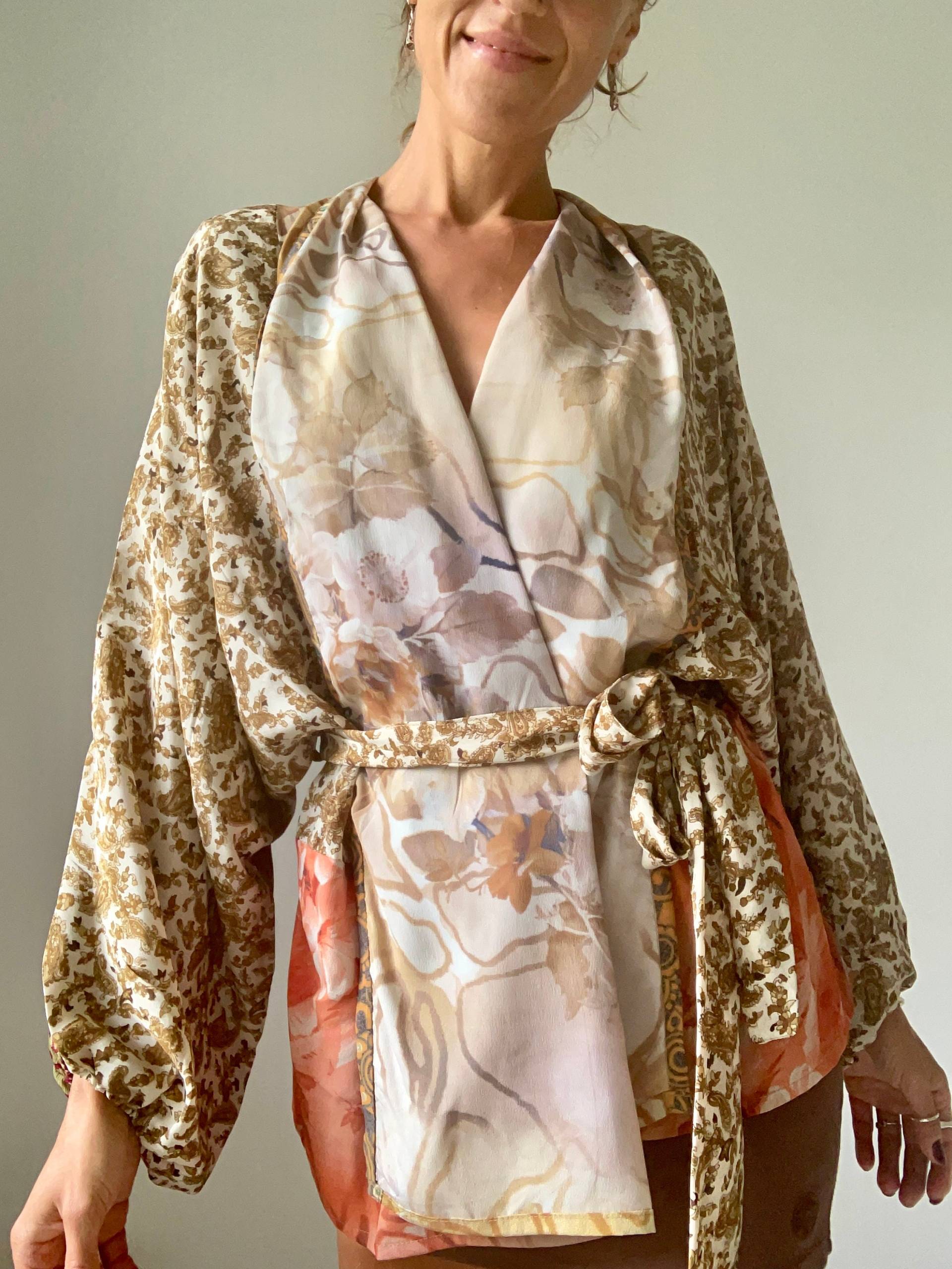 Patchwork Seide Strickjacke Tägliche Tragen Wrap Binden Taille Bluse Vorne Offen Bescheiden Vintage Und Boho Leicht Slouchy Oversized Retro von Gyaki