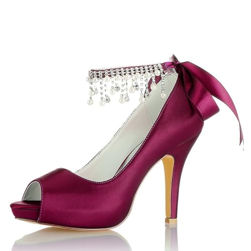 Gycdwjh 10cm Brautschuhe Damen Slip On Satin Offener Zeh Hochzeitsschuhe Strassperle Riemchen High Heels Pumps Fischmaul Braut Hochzeit Schuhe,Burgundy,36 EU von Gycdwjh