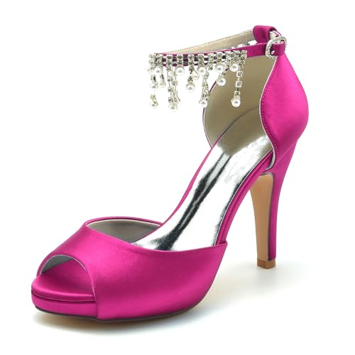 Gycdwjh 10cm Elegant Brautschuhe Damen Slip On Satin Offener Zeh Hochzeitsschuhe Strassperle Riemchen High Heels Pumps Fischmaul Braut Hochzeit Schuhe,Rose red,42 EU von Gycdwjh