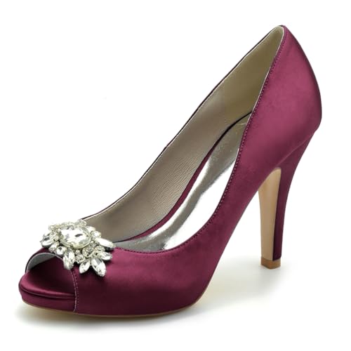 Gycdwjh 10cm Hochzeitsschuhe Damen Pumps Mit Absatz Satin Peeptoes High Heels Partei Abendschuhe mit Strasssteine Brautschuhe Stilettoabsatz,Burgundy,41 EU von Gycdwjh