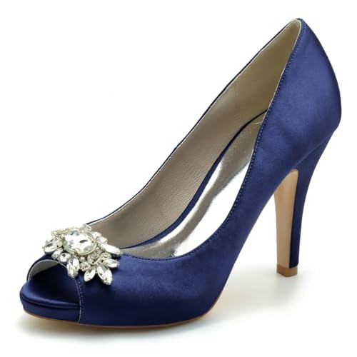 Gycdwjh 10cm Hochzeitsschuhe Damen Pumps Mit Absatz Satin Peeptoes High Heels Partei Abendschuhe mit Strasssteine Brautschuhe Stilettoabsatz,Dark Blue,42 EU von Gycdwjh
