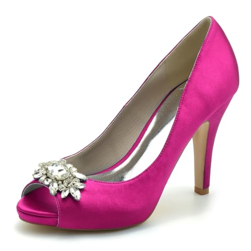Gycdwjh 10cm Hochzeitsschuhe Damen Pumps Mit Absatz Satin Peeptoes High Heels Partei Abendschuhe mit Strasssteine Brautschuhe Stilettoabsatz,Rose red,38 EU von Gycdwjh