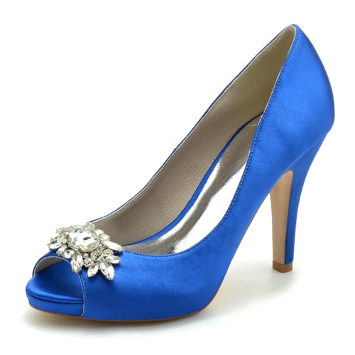 Gycdwjh 10cm Hochzeitsschuhe Damen Pumps Mit Absatz Satin Peeptoes High Heels Partei Abendschuhe mit Strasssteine Brautschuhe Stilettoabsatz,Royal Blue,38 EU von Gycdwjh