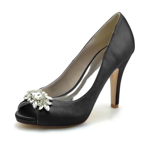 Gycdwjh 10cm Hochzeitsschuhe Damen Pumps Mit Absatz Satin Peeptoes High Heels Partei Abendschuhe mit Strasssteine Brautschuhe Stilettoabsatz,Schwarz,37 EU von Gycdwjh