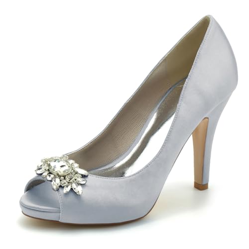 Gycdwjh 10cm Hochzeitsschuhe Damen Pumps Mit Absatz Satin Peeptoes High Heels Partei Abendschuhe mit Strasssteine Brautschuhe Stilettoabsatz,Silber,40 EU von Gycdwjh