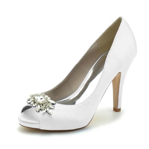 Gycdwjh 10cm Hochzeitsschuhe Damen Pumps Mit Absatz Satin Peeptoes High Heels Partei Abendschuhe mit Strasssteine Brautschuhe Stilettoabsatz,Weiß,39 EU von Gycdwjh