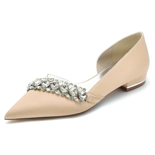 Gycdwjh 2.5cm Braut für Damen Satin Brautkleid Schuhe Comfort Spitze Zehen Slip On Evening Party Ballerinas Sandalen mit Kristall,Champagne,37 EU von Gycdwjh