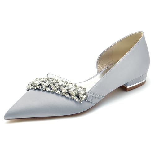 Gycdwjh 2.5cm Braut für Damen Satin Brautkleid Schuhe Comfort Spitze Zehen Slip On Evening Party Ballerinas Sandalen mit Kristall,Silber,37 EU von Gycdwjh