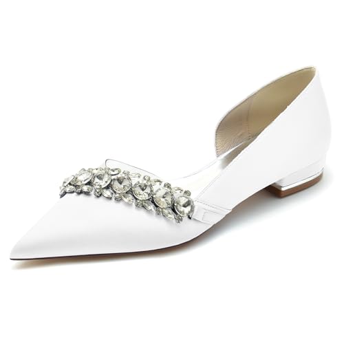 Gycdwjh 2.5cm Braut für Damen Satin Brautkleid Schuhe Comfort Spitze Zehen Slip On Evening Party Ballerinas Sandalen mit Kristall,Weiß,42 EU von Gycdwjh