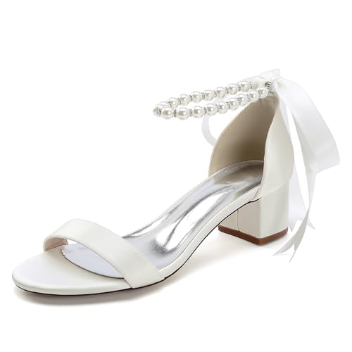 Gycdwjh 4.5cm Damen Hochzeit Satin Niedriger Blockabsatz Knöchelriemen Kleid Schuhe Peeptoe Chunky Heel mit Perle Brautschuhe Pumps,Elfenbein,38 EU von Gycdwjh