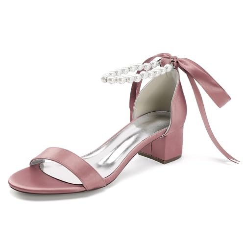 Gycdwjh 4.5cm Damen Hochzeit Satin Niedriger Blockabsatz Knöchelriemen Kleid Schuhe Peeptoe Chunky Heel mit Perle Brautschuhe Pumps,Flesh pink,41 EU von Gycdwjh