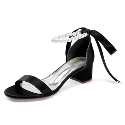 Gycdwjh 4.5cm Damen Hochzeit Satin Niedriger Blockabsatz Knöchelriemen Kleid Schuhe Peeptoe Chunky Heel mit Perle Brautschuhe Pumps,Schwarz,40 EU von Gycdwjh