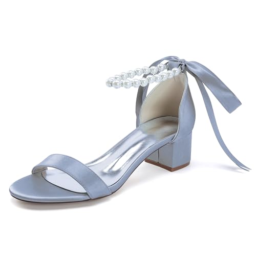 Gycdwjh 4.5cm Damen Hochzeit Satin Niedriger Blockabsatz Knöchelriemen Kleid Schuhe Peeptoe Chunky Heel mit Perle Brautschuhe Pumps,Silber,41 EU von Gycdwjh