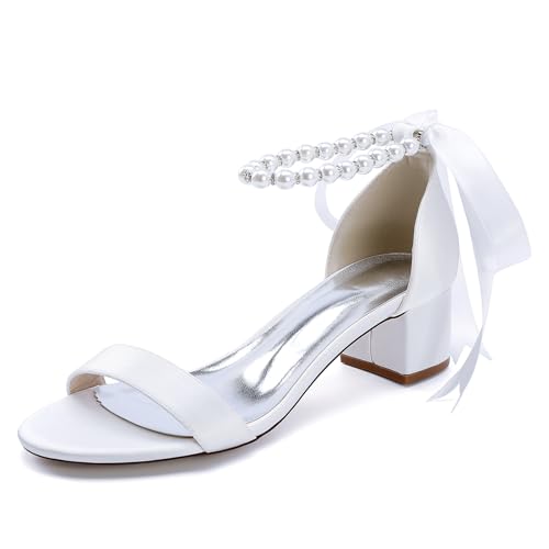 Gycdwjh 4.5cm Damen Hochzeit Satin Niedriger Blockabsatz Knöchelriemen Kleid Schuhe Peeptoe Chunky Heel mit Perle Brautschuhe Pumps,Weiß,40 EU von Gycdwjh
