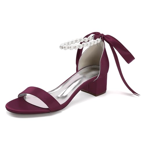 Gycdwjh 4.5cm Damen Hochzeit Satin Niedriger Blockabsatz Knöchelriemen Kleid Schuhe Peeptoe Chunky Heel mit Perle Brautschuhe Pumps,Wine red,42 EU von Gycdwjh