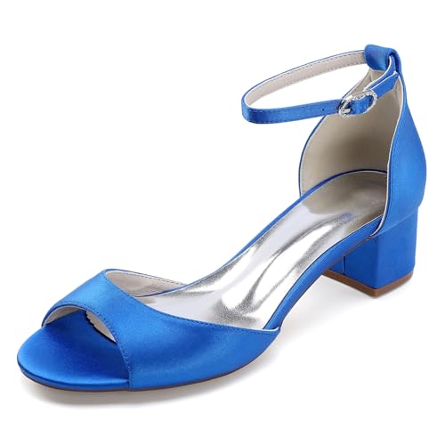 Gycdwjh 4.5cm Sommer Modisch Damen Brautschuhe Satin Riemchensandalen mit Kreuz Knöchelriemen Peeptoes Abend Hochzeitsschuhe,Royal Blue,39 EU von Gycdwjh