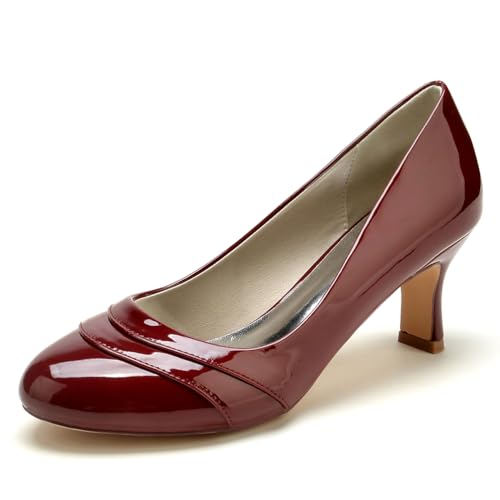 Gycdwjh 6.5cm Damen Brautschuhe Pull-on Runde Zehe Patent Leather Kitten Heels Brautjungfern Hochzeitsschuhe,Burgundy,42 EU von Gycdwjh