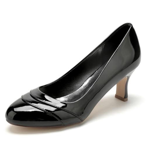 Gycdwjh 6.5cm Damen Brautschuhe Pull-on Runde Zehe Patent Leather Kitten Heels Brautjungfern Hochzeitsschuhe,Schwarz,41 EU von Gycdwjh