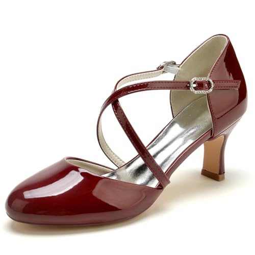 Gycdwjh 6.5cm Damen Brautschuhe Pull-on Runde Zehe Patent Leather Kitten Heels Brautjungfern Hochzeitsschuhe mit Kreuz Knöchelriemen,Burgundy,36 EU von Gycdwjh