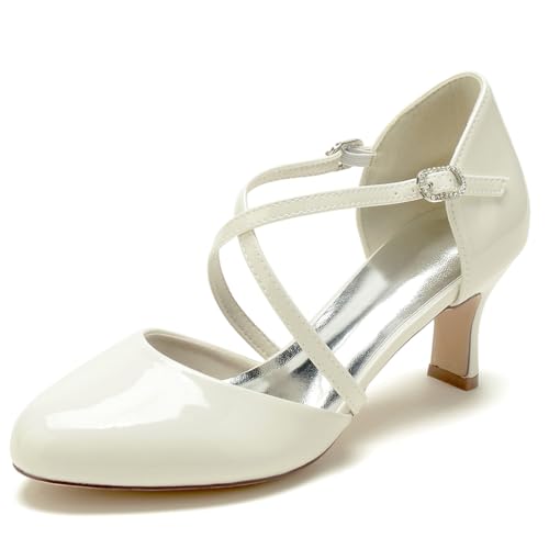 Gycdwjh 6.5cm Damen Brautschuhe Pull-on Runde Zehe Patent Leather Kitten Heels Brautjungfern Hochzeitsschuhe mit Kreuz Knöchelriemen,Off White,43 EU von Gycdwjh