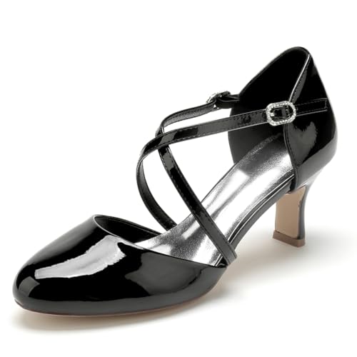 Gycdwjh 6.5cm Damen Brautschuhe Pull-on Runde Zehe Patent Leather Kitten Heels Brautjungfern Hochzeitsschuhe mit Kreuz Knöchelriemen,Schwarz,37 EU von Gycdwjh