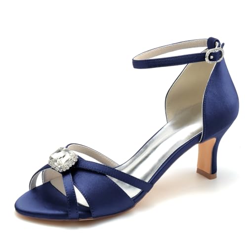 Gycdwjh 6.5cm Frauen Peep Toe Hochzeit Schuhe Strass Abend Kleid Pumps Knöchelriemen Satin Braut Schuhe High Heel Sandalen,Dark Blue,43 EU von Gycdwjh