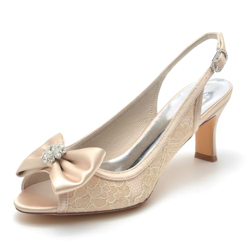 Gycdwjh 6.5cm Slingback Spitzen Blume Sommer Sandalen Frauen Offene Zehen Niedrige Kätzchen Absatz Hochzeit Pumps für Braut mit Schleife Strasssteine,Champagne,40 EU von Gycdwjh