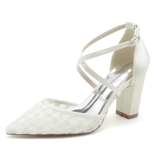 Gycdwjh 8.5Cm Hochzeitsschuhe Damenpumps Pointed Toe Blockabsatz Brautschuhe Satin Mesh Partei Abendschuhe Kreuz Knöchelriemen Chunky Heel,Elfenbein,41 EU von Gycdwjh