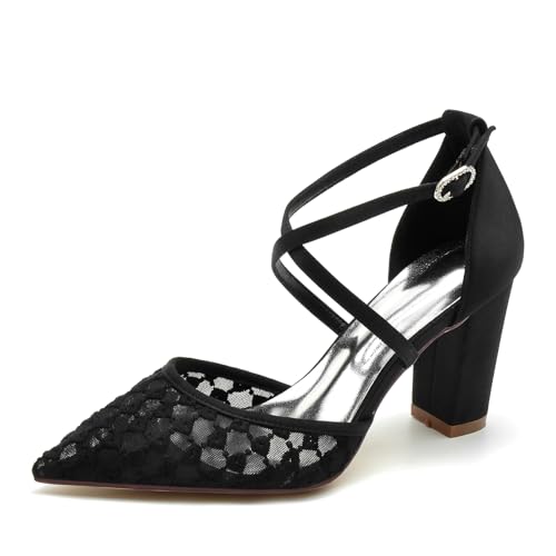 Gycdwjh 8.5Cm Hochzeitsschuhe Damenpumps Pointed Toe Blockabsatz Brautschuhe Satin Mesh Partei Abendschuhe Kreuz Knöchelriemen Chunky Heel,Schwarz,37 EU von Gycdwjh
