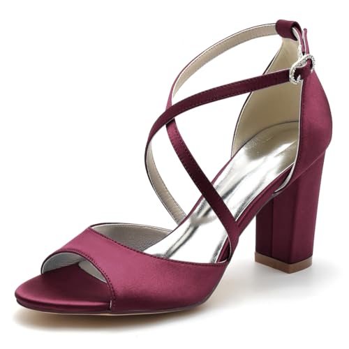 Gycdwjh 8.5cm Damen Abend Schuhe Kreuzriemen Knöchelriemen Satin Partei Abendschuhe Peeptoe Klobige Pumps Damen-Sandalen für Hochzeit,Burgundy,39 EU von Gycdwjh