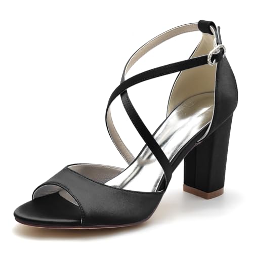 Gycdwjh 8.5cm Damen Abend Schuhe Kreuzriemen Knöchelriemen Satin Partei Abendschuhe Peeptoe Klobige Pumps Damen-Sandalen für Hochzeit,Schwarz,37 EU von Gycdwjh