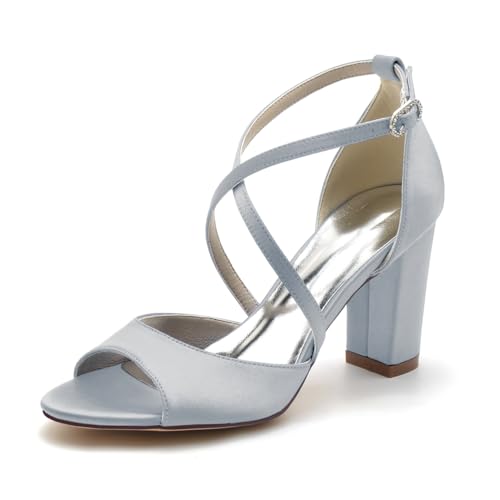 Gycdwjh 8.5cm Damen Abend Schuhe Kreuzriemen Knöchelriemen Satin Partei Abendschuhe Peeptoe Klobige Pumps Damen-Sandalen für Hochzeit,Silber,37 EU von Gycdwjh