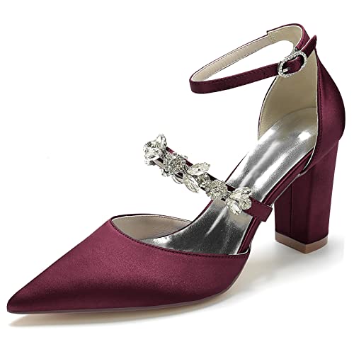 Gycdwjh 8.5cm Damen Bände Blockabsatz Pumps Geschlossene Zehen Satin Hochzeit Brautschuhe mit Strass Sommerschuhe Spitze Sandalen,Burgundy,37 EU von Gycdwjh