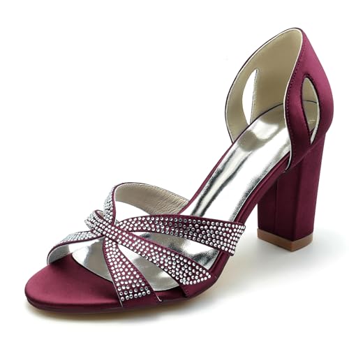 Gycdwjh 8.5cm Damen Offene Zehen Chunky Blockabsatz Satin Strasssteine Sandalen Pumps Slip On Knöchelriemen Hochzeitsschuhe,Burgundy,41 EU von Gycdwjh