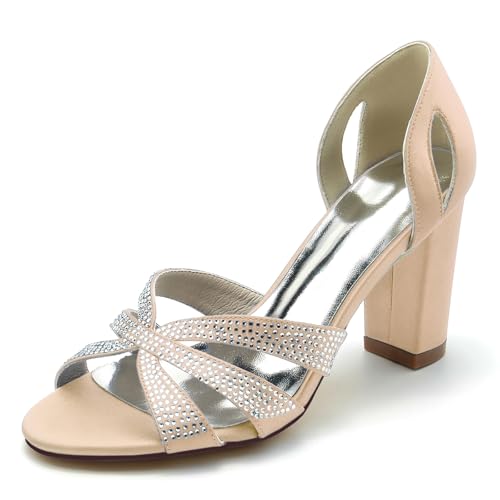 Gycdwjh 8.5cm Damen Offene Zehen Chunky Blockabsatz Satin Strasssteine Sandalen Pumps Slip On Knöchelriemen Hochzeitsschuhe,Champagne,42 EU von Gycdwjh