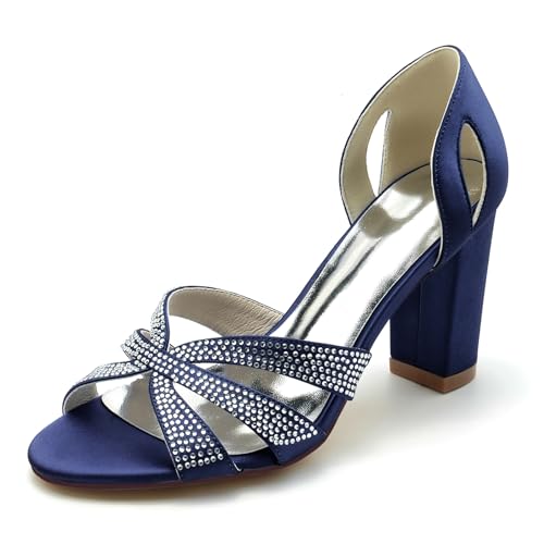 Gycdwjh 8.5cm Damen Offene Zehen Chunky Blockabsatz Satin Strasssteine Sandalen Pumps Slip On Knöchelriemen Hochzeitsschuhe,Dark Blue,39 EU von Gycdwjh