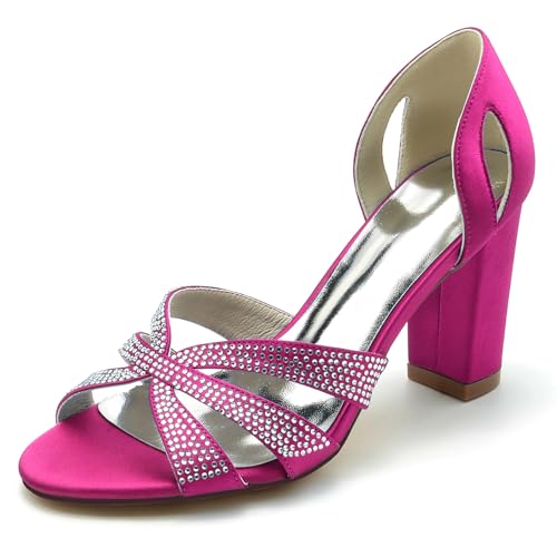 Gycdwjh 8.5cm Damen Offene Zehen Chunky Blockabsatz Satin Strasssteine Sandalen Pumps Slip On Knöchelriemen Hochzeitsschuhe,Rose red,39 EU von Gycdwjh