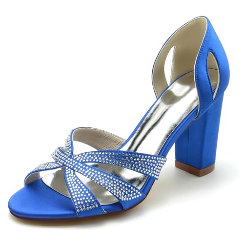 Gycdwjh 8.5cm Damen Offene Zehen Chunky Blockabsatz Satin Strasssteine Sandalen Pumps Slip On Knöchelriemen Hochzeitsschuhe,Royal Blue,38 EU von Gycdwjh