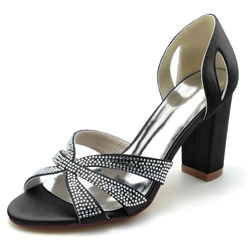 Gycdwjh 8.5cm Damen Offene Zehen Chunky Blockabsatz Satin Strasssteine Sandalen Pumps Slip On Knöchelriemen Hochzeitsschuhe,Schwarz,41 EU von Gycdwjh