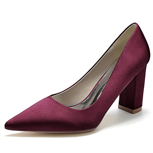 Gycdwjh 8.5cm Damen Pumps Spitz mit Klobigen Fersen Satin Brautschuhe Slip On Sandalen für Hochzeiten Partys formelle Veranstaltungen Schuhe mit Absatz,Burgundy,40 EU von Gycdwjh
