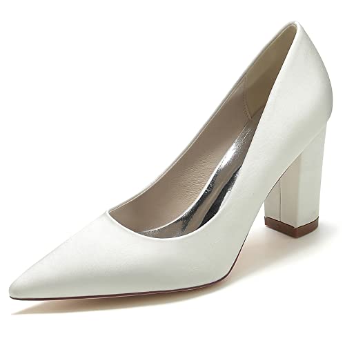 Gycdwjh 8.5cm Damen Pumps Spitz mit Klobigen Fersen Satin Brautschuhe Slip On Sandalen für Hochzeiten Partys formelle Veranstaltungen Schuhe mit Absatz,Elfenbein,36 EU von Gycdwjh