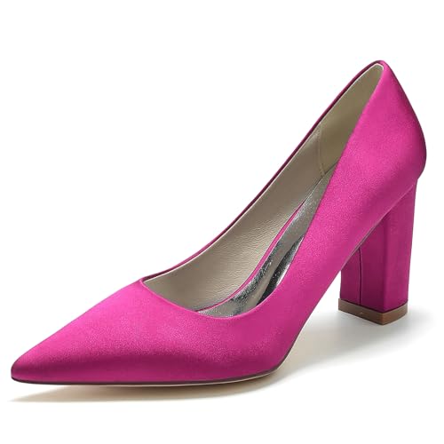 Gycdwjh 8.5cm Damen Pumps Spitz mit Klobigen Fersen Satin Brautschuhe Slip On Sandalen für Hochzeiten Partys formelle Veranstaltungen Schuhe mit Absatz,Rose red,39 EU von Gycdwjh