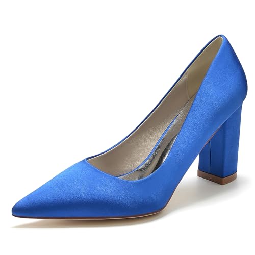 Gycdwjh 8.5cm Damen Pumps Spitz mit Klobigen Fersen Satin Brautschuhe Slip On Sandalen für Hochzeiten Partys formelle Veranstaltungen Schuhe mit Absatz,Royal Blue,40 EU von Gycdwjh