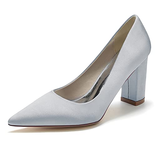 Gycdwjh 8.5cm Damen Pumps Spitz mit Klobigen Fersen Satin Brautschuhe Slip On Sandalen für Hochzeiten Partys formelle Veranstaltungen Schuhe mit Absatz,Silber,40 EU von Gycdwjh