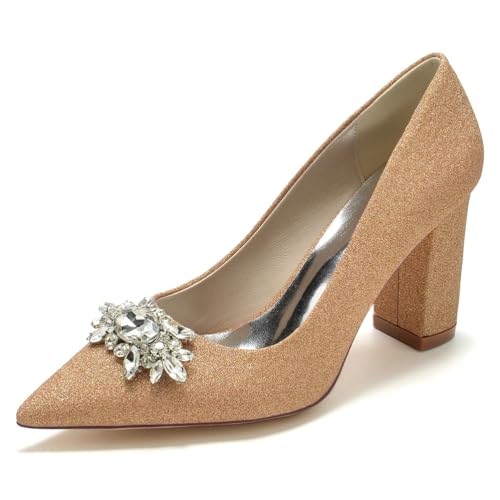 Gycdwjh 8.5cm Damen Pumps Spitz mit klobigen Fersen Glitzer Brautschuhe Slip On für Hochzeiten Partys formelle Veranstaltungen Schuhe mit Absatz,Champagne,37 EU von Gycdwjh